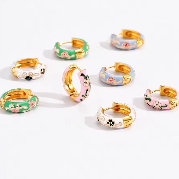 Positano Blue Floral Gold Hoop Earrings - Picture 6 of 8